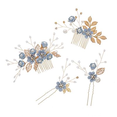 Toyvian 4pcs Handmade Wedding Hair Comb Clip Floral Girls Bridal Hair Accessories Rhinestone Hair Piece for Brides and Bridesmaid (Blue)