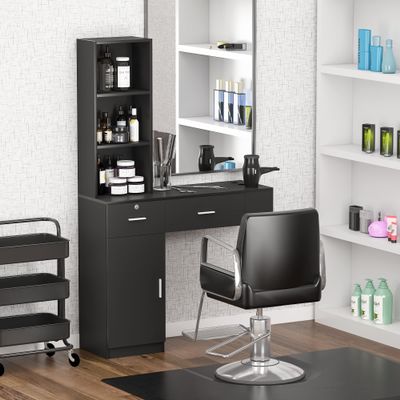 PENNYNANA Beauty Salon Barber Station,Wall Mounted Hair Styling Salon Station with 3-Tier Shelf,Hair Salon Spa Equipment with Storage and Cabinet,Black