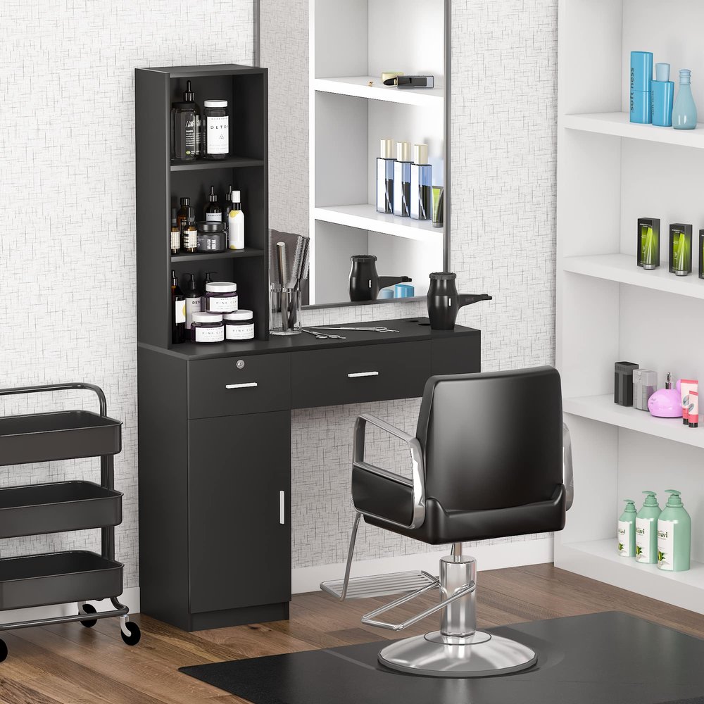 PENNYNANA Beauty Salon Barber Station,Wall Mounted Hair Styling Salon Station with 3-Tier Shelf,Hair Salon Spa Equipment with Storage and Cabinet,Black