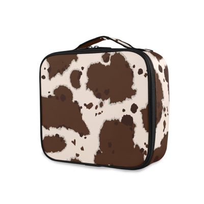 OTVEE Beige Brown Cow Print Makeup Case Travel Cosmetic Bag Large Train Case with Adjustable Dividers