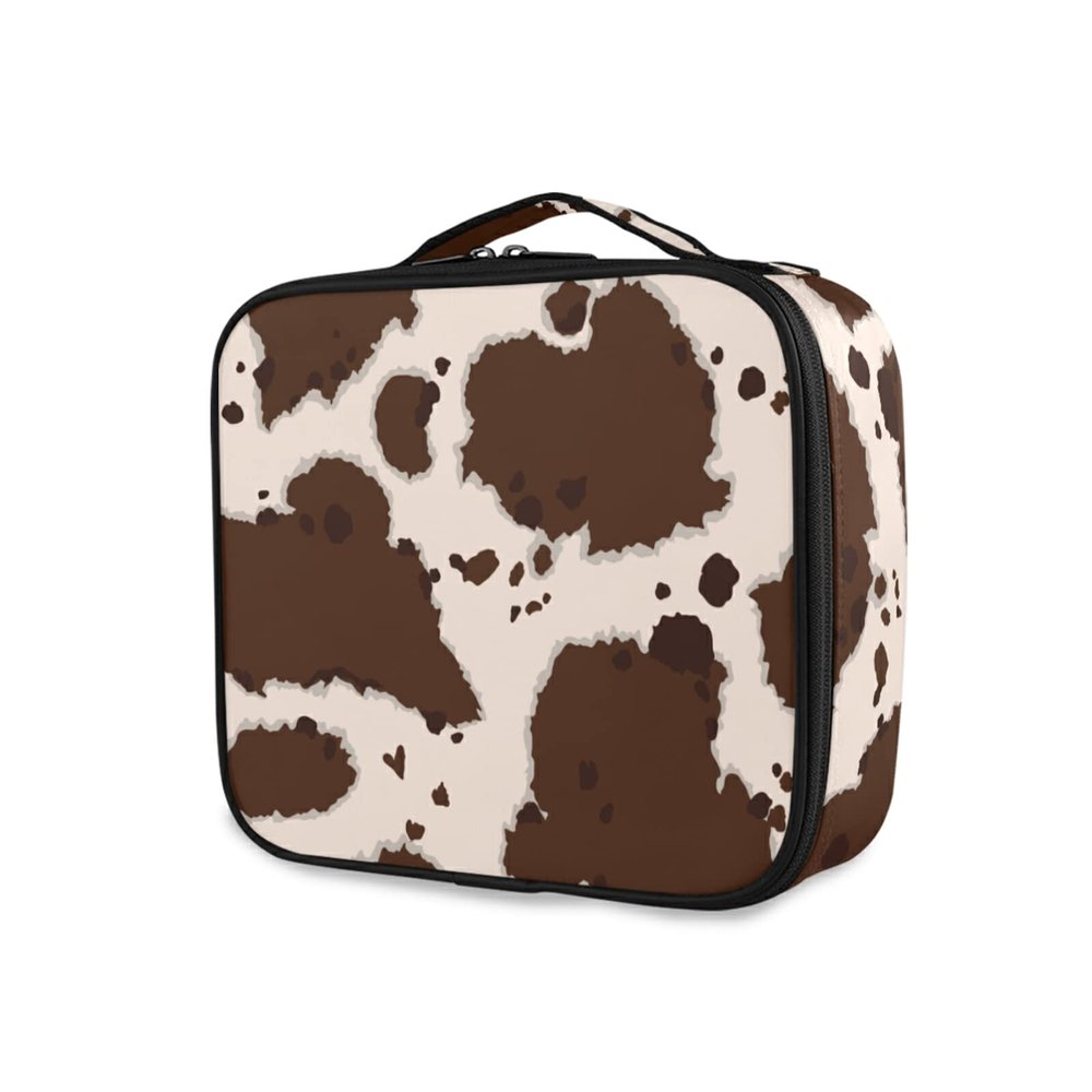 OTVEE Beige Brown Cow Print Makeup Case Travel Cosmetic Bag Large Train Case with Adjustable Dividers