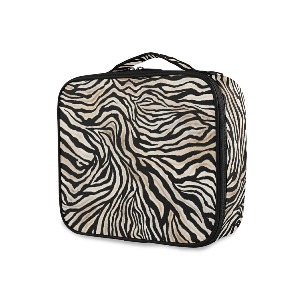 OTVEE Zebra Skin Pattern Makeup Case Travel Cosmetic Bag Large Train Case with Adjustable Dividers