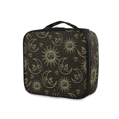 OTVEE Gold Sun Moon Stars Makeup Case Travel Cosmetic Bag Large Train Case with Adjustable Dividers