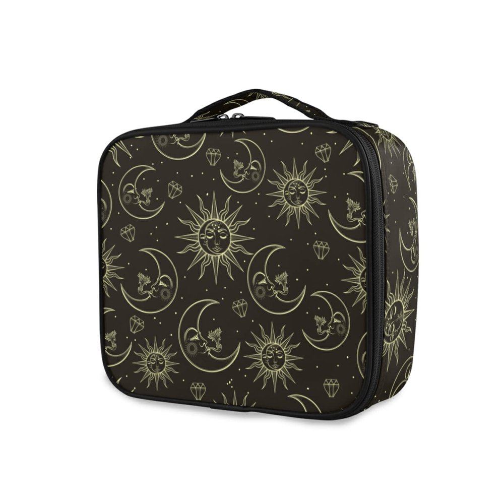 OTVEE Gold Sun Moon Stars Makeup Case Travel Cosmetic Bag Large Train Case with Adjustable Dividers