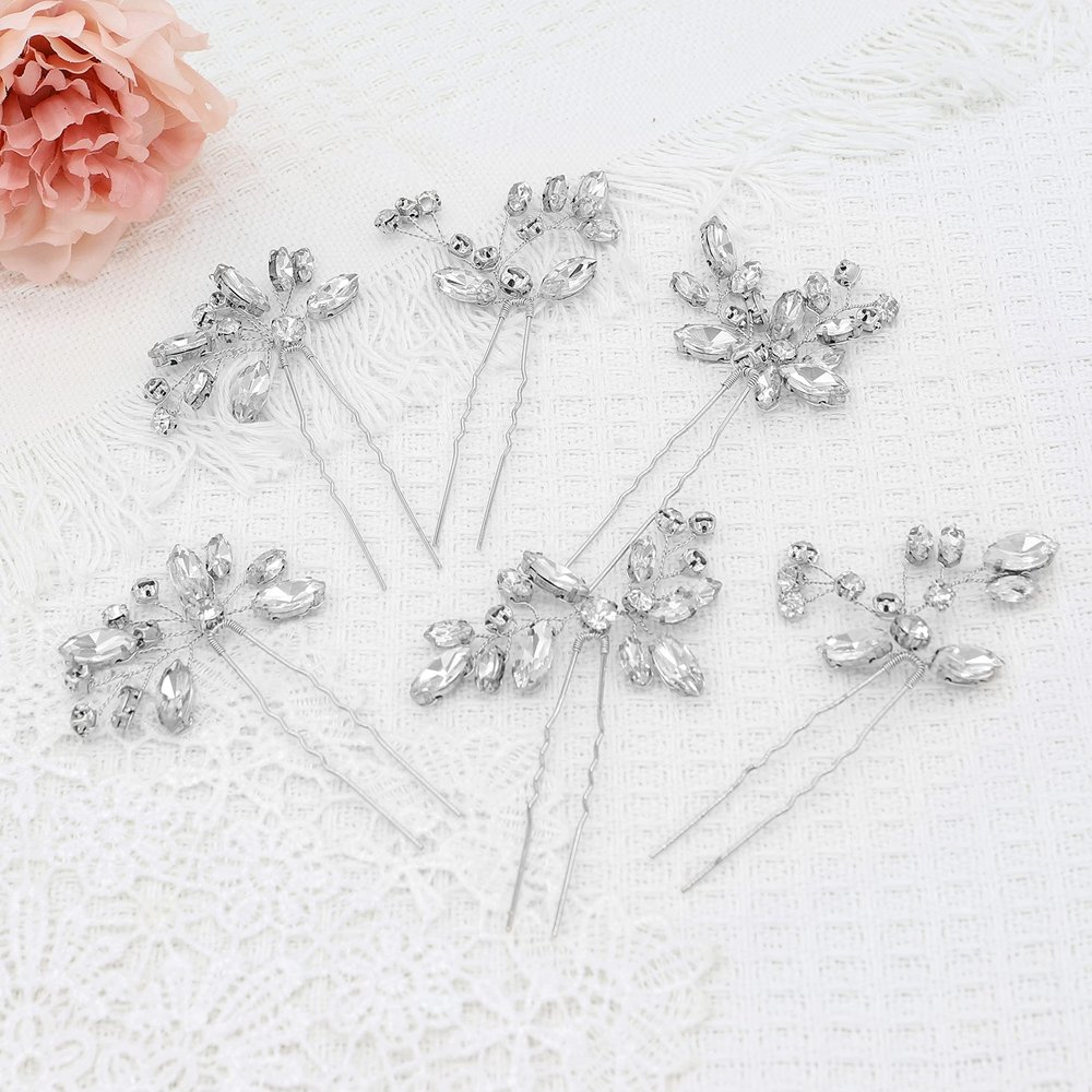 Oriamour Bridal Wedding Crystal Hair Pins Wedding Hair Accessories for Women and Girls Pack of 6 (Silver)