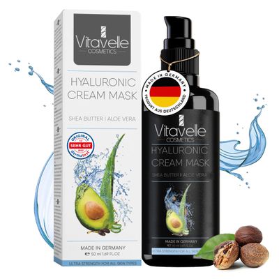 VITAVELLE Hydrating Face Mask  Hyaluronic Acid Moisturizer Mask Firming with Avocado Oil, Shea Butter, Aloe Vera and Jojoba Oil  Vegan Face Mask with No Parabens  Hydrating Face Masks Anti Aging