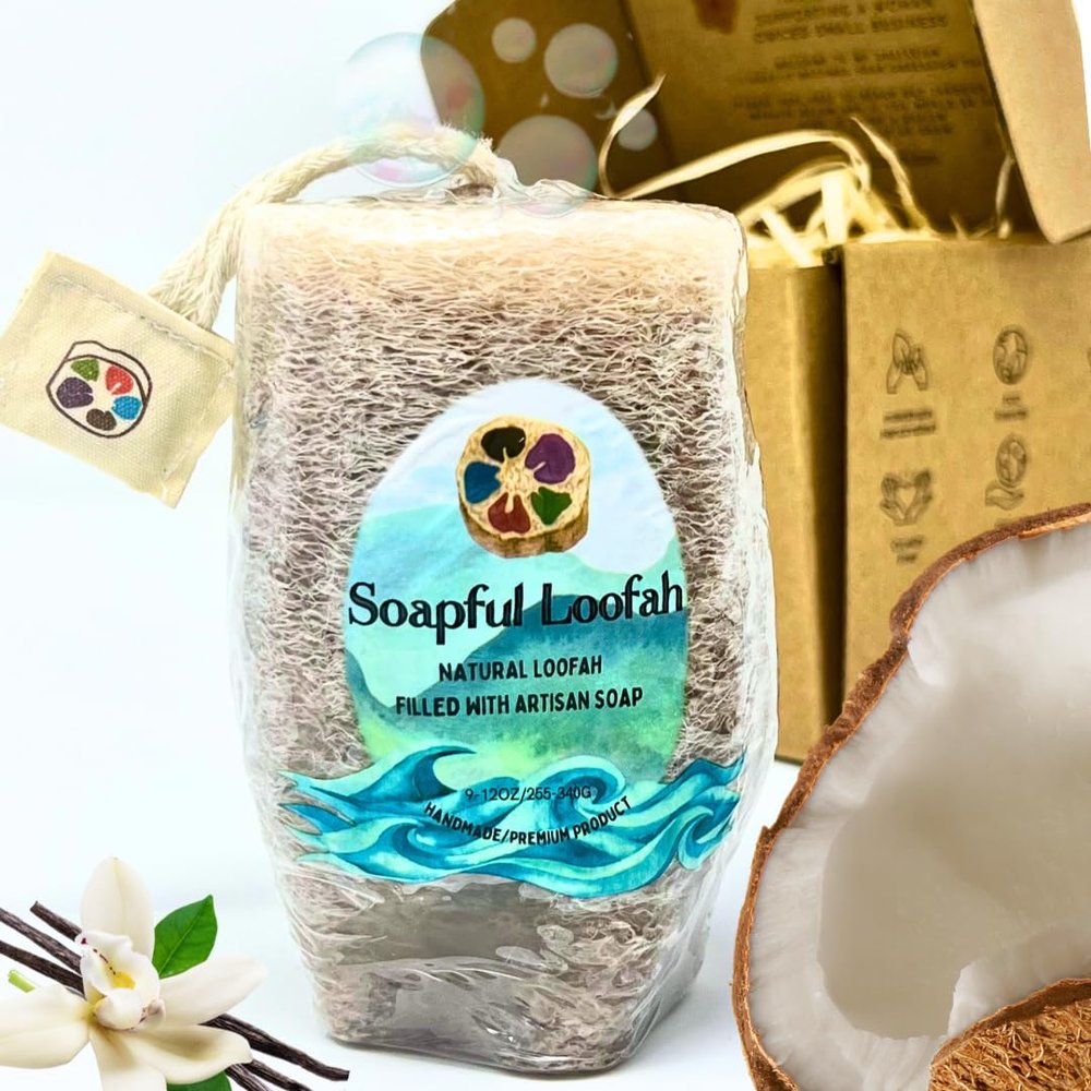 Soapful Loofah Vanilla Coconut Scented Natural Loofah Soap Bar | Exfoliating 2-in-1 Body Scrubber & Moisturizing Glycerin Soap | Eco-Friendly, Handmade, Cruelty-Free