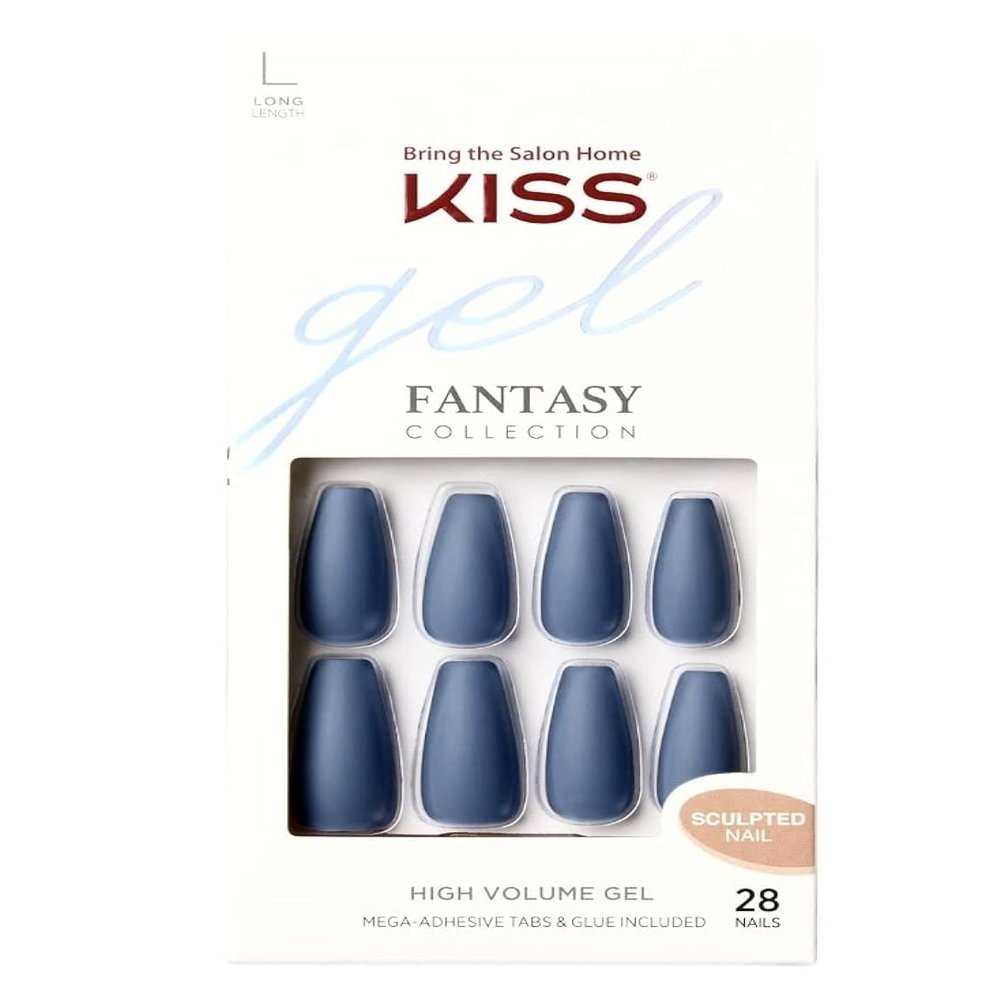 KISS Gel Fantasy Matte Grey/Blue Long Length Coffin Shape Nails (1 Pack of 28 Nails)