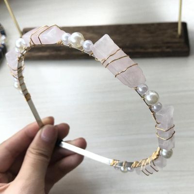 Natural Stone Retro Lady Style Hairband,Brass Wire Wrapped Pearl&Crystal Lapis Slice Pastoral Women Hair Clip Jewelry QC5040,Rose Quartz