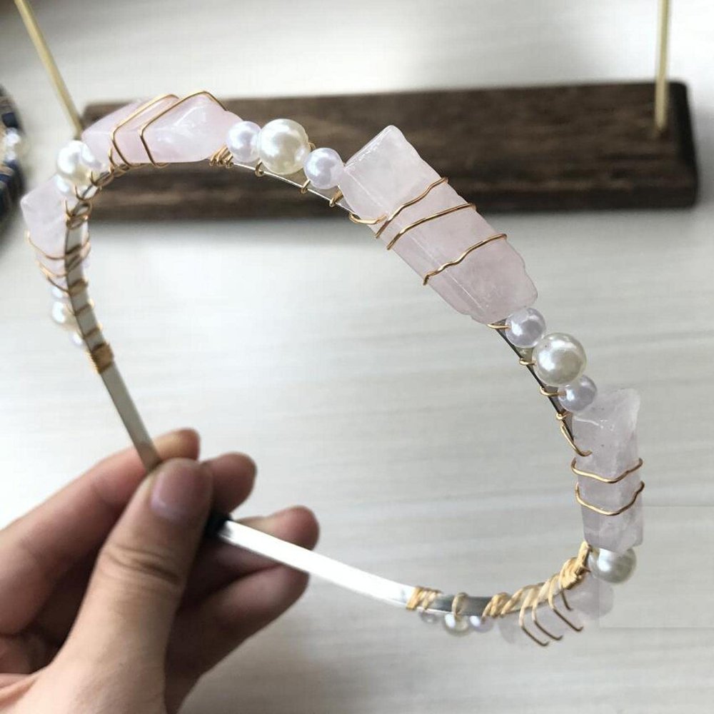 Natural Stone Retro Lady Style Hairband,Brass Wire Wrapped Pearl&Crystal Lapis Slice Pastoral Women Hair Clip Jewelry QC5040,Rose Quartz