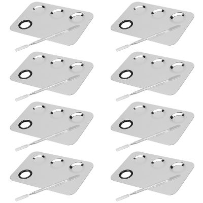 JAPCHET 8 PCS Mixing Makeup Palettes, 3-Well Makeup Palette Mixer Tray, Stainless Steel Cosmetic Palette with 8 PCS Spatula Tool, Multipurpose Makeup Applicators for Nail-Art, Cosmetic, Pigment