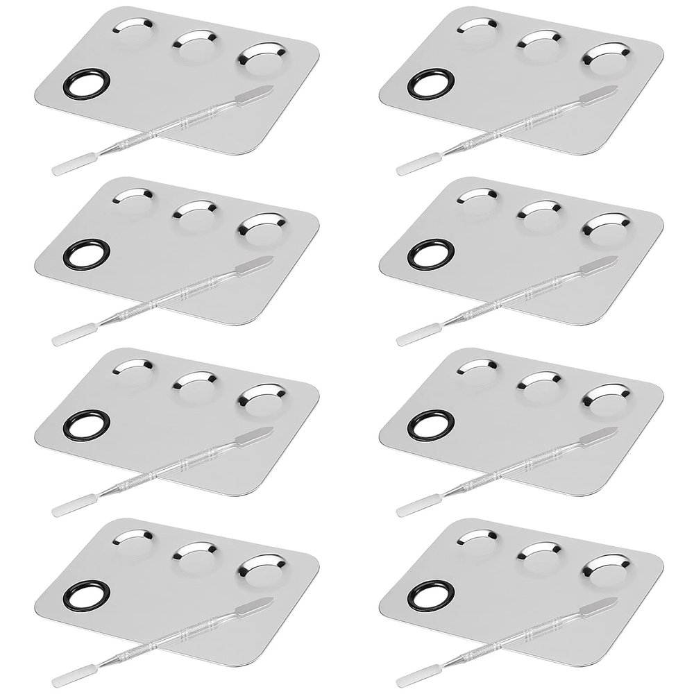 JAPCHET 8 PCS Mixing Makeup Palettes, 3-Well Makeup Palette Mixer Tray, Stainless Steel Cosmetic Palette with 8 PCS Spatula Tool, Multipurpose Makeup Applicators for Nail-Art, Cosmetic, Pigment