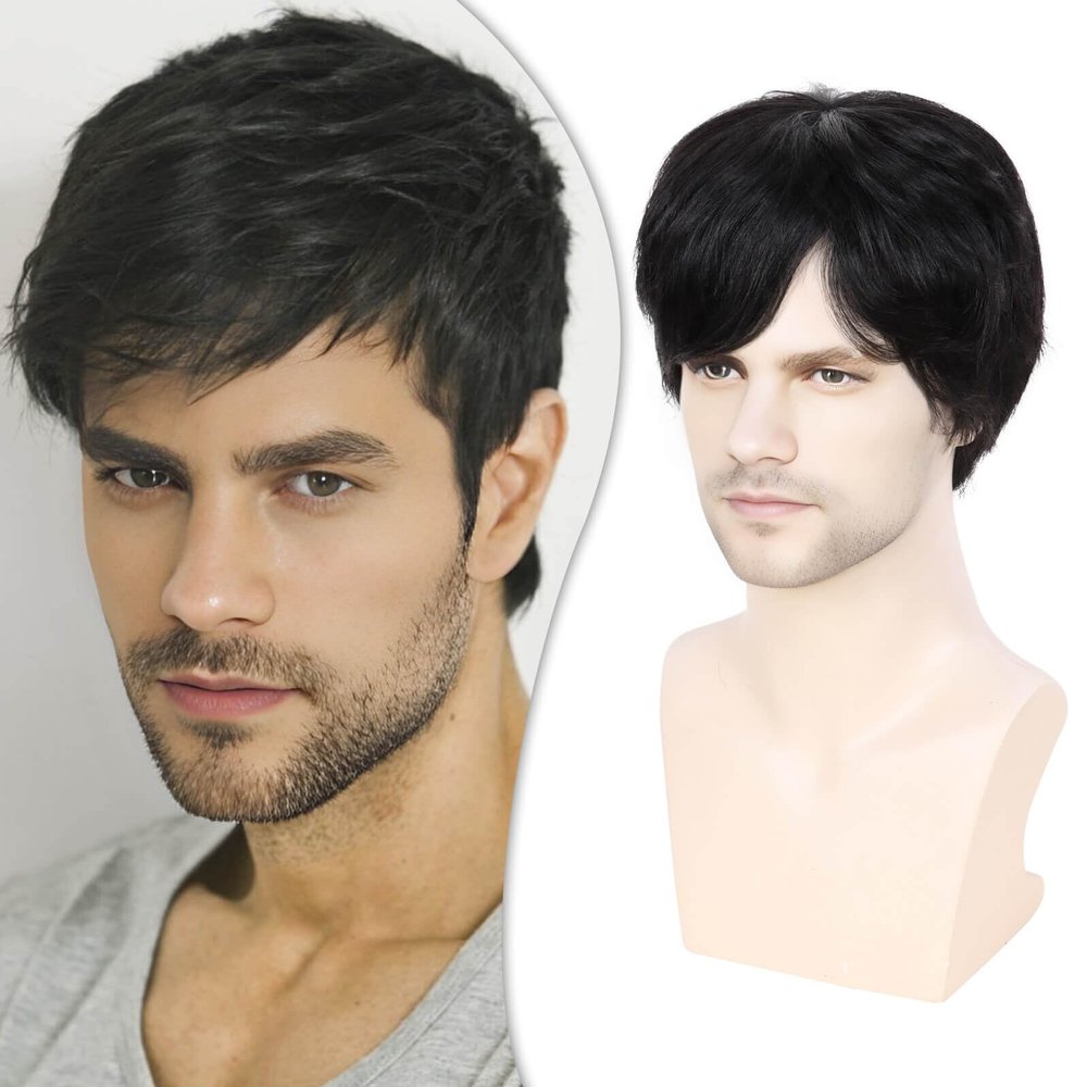 Creamily Mens Black Wigs Short Human Hair Wig Straight Layered Natural Full Hair Replacement Wigs for Men Daily Wear Wig