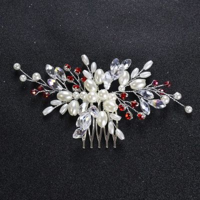 Brihasory Bridal Hair Combs for Women Accessories Red Rhinestones Handmade Wedding Hair Accessories for Brides Pearls Bridesmaid Gifts Tiara