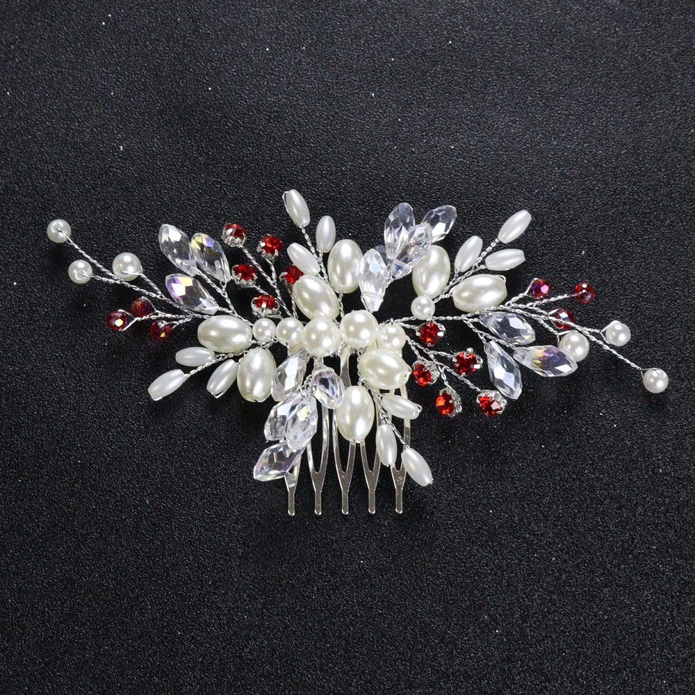 Brihasory Bridal Hair Combs for Women Accessories Red Rhinestones Handmade Wedding Hair Accessories for Brides Pearls Bridesmaid Gifts Tiara