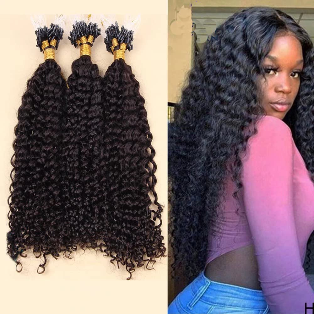 100g Per Pack Deep Curly Micro Loop Hair Extensions Human Hair for Women Natural Black Loop Ring Hair Extensions 100% Real Human Hair 1g/Strand 10 Inch