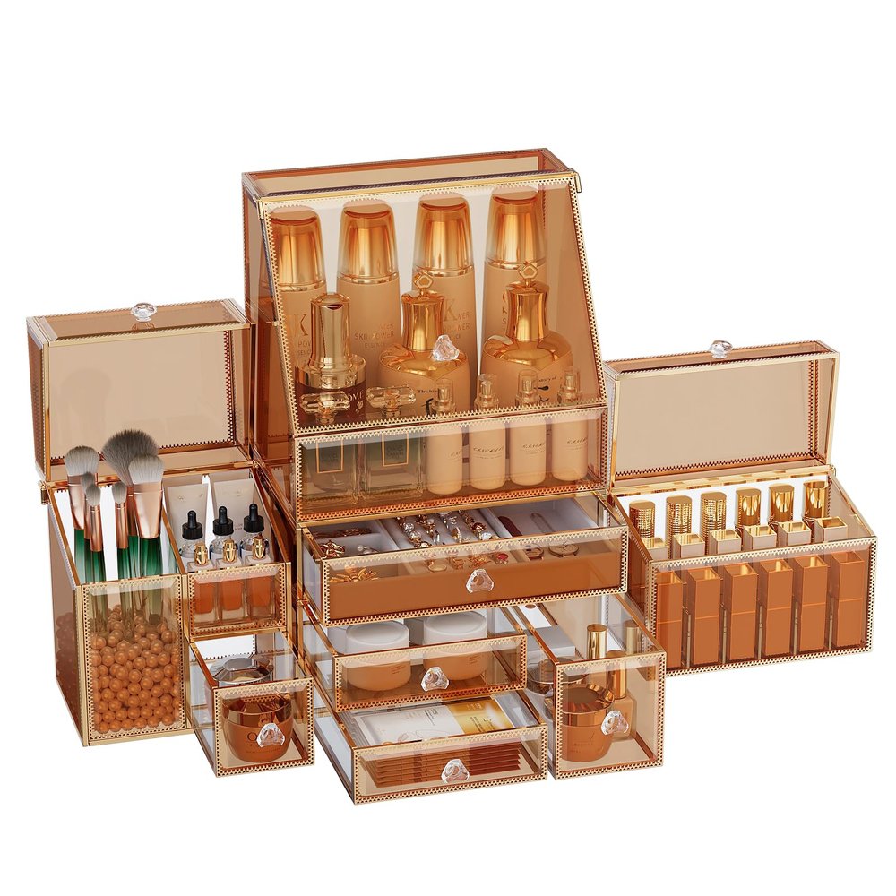 Youdepot Extra Large Makeup Organizer, Glass Cosmetic Storage with Drawers, Stackable Makeup and Jewelry Organizer for Vanity Table, Bathroom Countertop, Skincare, Lipsticks, Perfume, Brushes