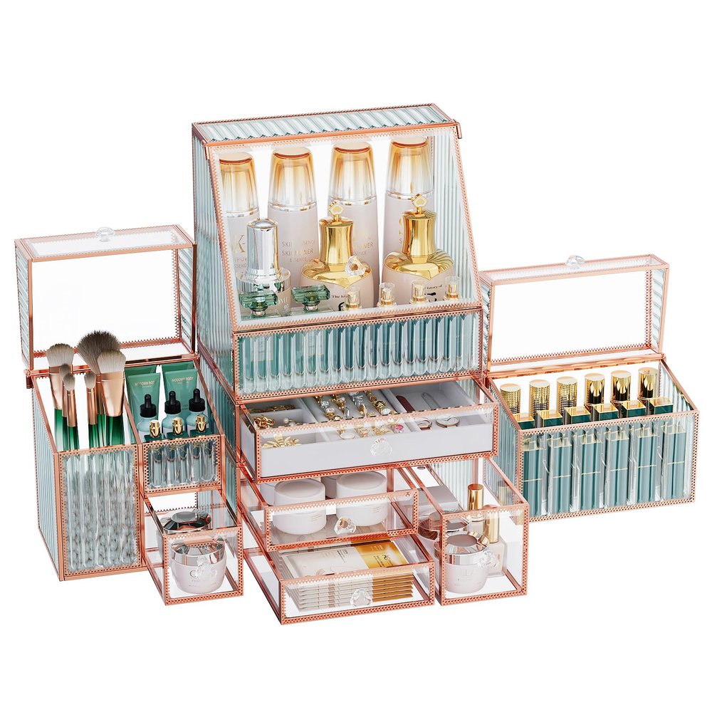 Youdepot Large Makeup Organizer, Glass Cosmetic Storage with Drawers, Stackable Makeup and Jewelry Organizer for Vanity Table, Bathroom Countertop, Skincare, Lipsticks, Perfume, Brushes