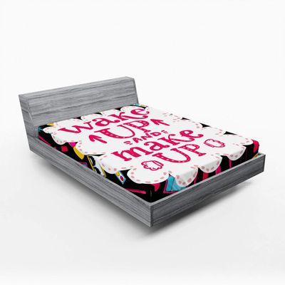 Ambesonne Saying 2 Pack Fitted Sheet, Witty Wake Make, Bed Cover All-Round Elastic Deep Pockets 2 Pieces, Package Contains 2 Full Size Fitted Sheets, Multicolor