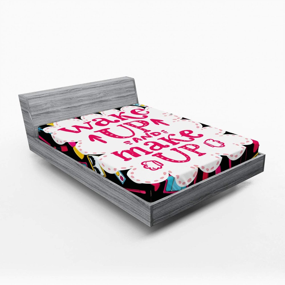 Ambesonne Saying 2 Pack Fitted Sheet, Witty Wake Make, Bed Cover All-Round Elastic Deep Pockets 2 Pieces, Package Contains 2 Full Size Fitted Sheets, Multicolor