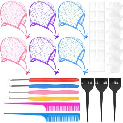 Yetene 27 Pcs Hair Highlighting and Coloring Kit, Include 6 Highlight Cap for Hair Dying Coloring Frosting Caps 6 Dye Shawl 6 Pair Gloves 3 Dye Brush 4 Needle 2 Rat Tail Comb for Salon Hairdressing