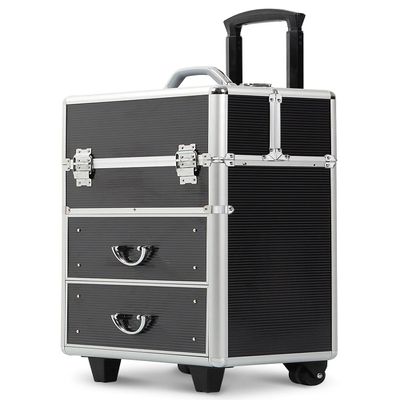 CAMORSA Professional Rolling Makeup Train Case with Drawers, Large Cosmetic Trolley with Folding Trays, Makeup Travel Cosmetics Beauty Storage Organizer With Locks and Swivels (Black)