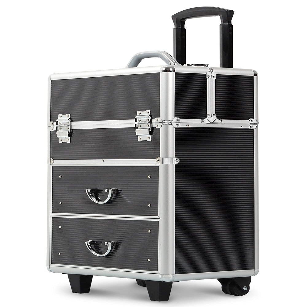 CAMORSA Professional Rolling Makeup Train Case with Drawers, Large Cosmetic Trolley with Folding Trays, Makeup Travel Cosmetics Beauty Storage Organizer With Locks and Swivels (Black)