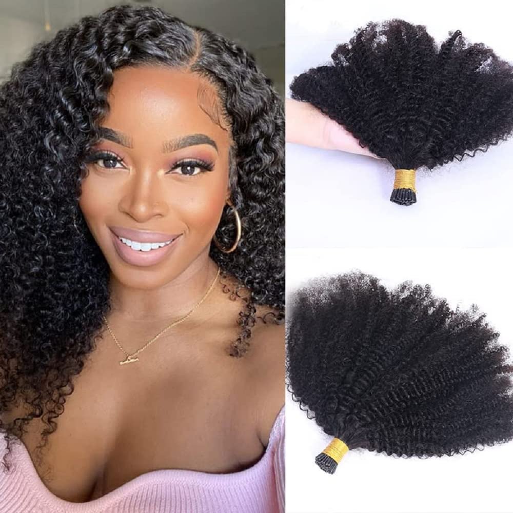 Afro Kinky Curly I Tip Hair Extension Human Hair Micro Link Pre Bonded Stick I Tip Human Hair Small Curly Micro Beads Remy Brazilian Hair 100g 100 Strands (12inch 100strands, #1(Jet Black))