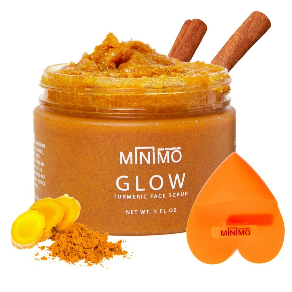 Minimo Glow Turmeric Face Scrub (Lemon Cake) With Heart Applicator - Infused with Turmeric, Manuka Honey, Cinnamon, and Chamomile - Face Scrub for All Skin Types - Achieve Healthy Skin
