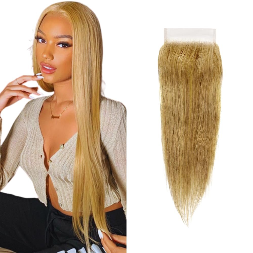 #27 Blonde 4x4 Lace Closure Human Hair  Brazilian Virgin Remy Straight HD Transparent Closure, Pre-Plucked Natural Hairline, Free Part Invisible Lace for Women, 27 10Inch