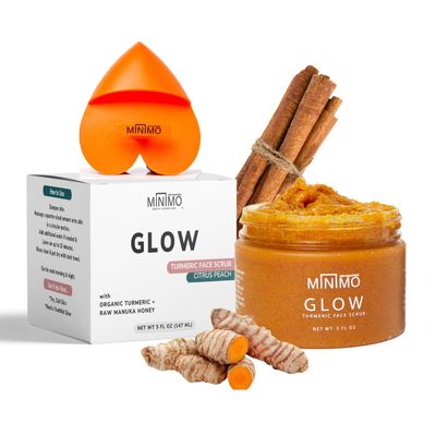 Minimo Glow (Citrus Peach) Turmeric Face Scrub, Heart Applicator Included 5 oz - No Mix, Ready to Apply