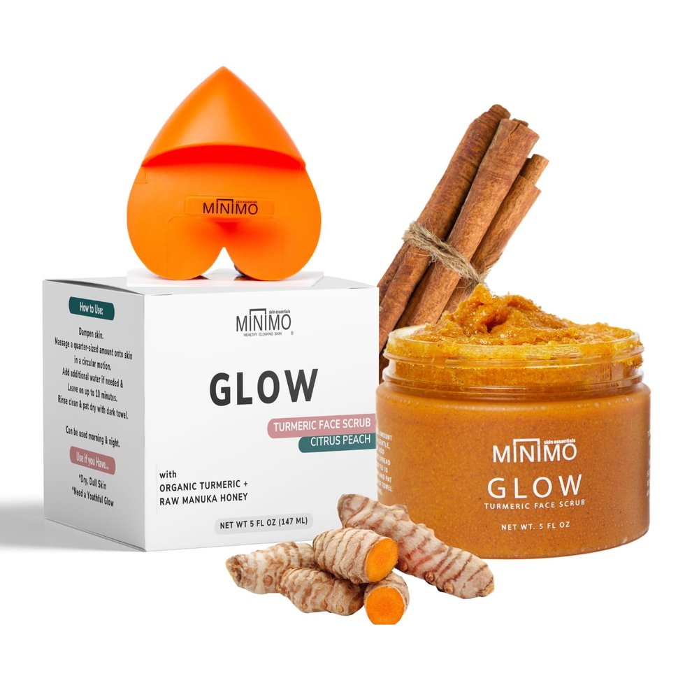 Minimo Glow (Citrus Peach) Turmeric Face Scrub, Heart Applicator Included 5 oz - No Mix, Ready to Apply