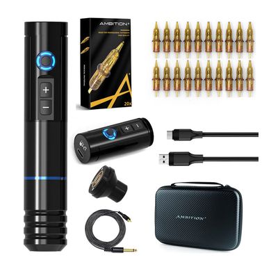 Ambition Complete Tattoo Kit - Wireless Tattoo Machine with 2pcs Power Supply Coreless Motor 20pcs Tattoo Cartridge Needles Rotary Tattoo Cartridge Pen with 1500mAh Power Supply Digital LCD Display