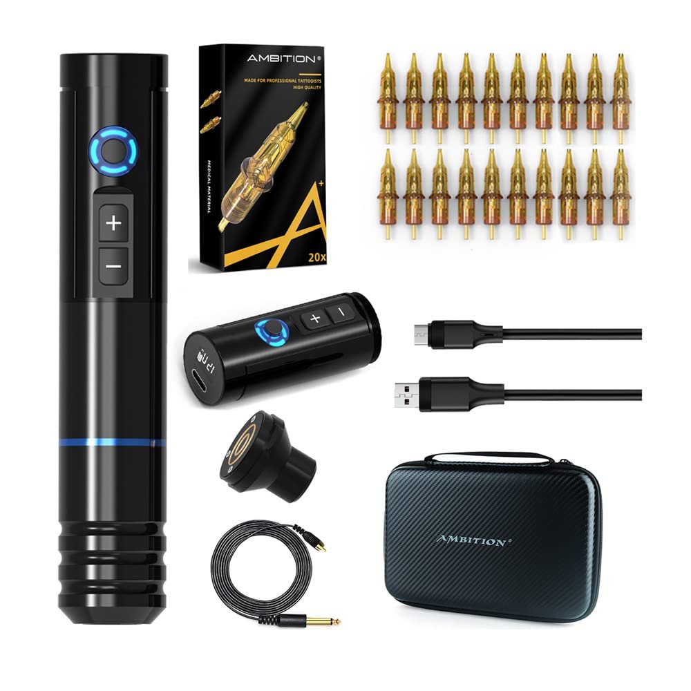 Ambition Complete Tattoo Kit - Wireless Tattoo Machine with 2pcs Power Supply Coreless Motor 20pcs Tattoo Cartridge Needles Rotary Tattoo Cartridge Pen with 1500mAh Power Supply Digital LCD Display