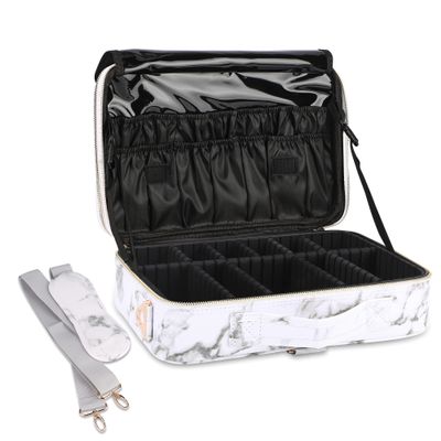 JOURMON Travel Makeup Train Case,Large Capacity Cosmetic Bags for Women,Portable Makeup Bag Organizer with Adjustable Dividers & Shoulder Strap(Marble White, Medium)