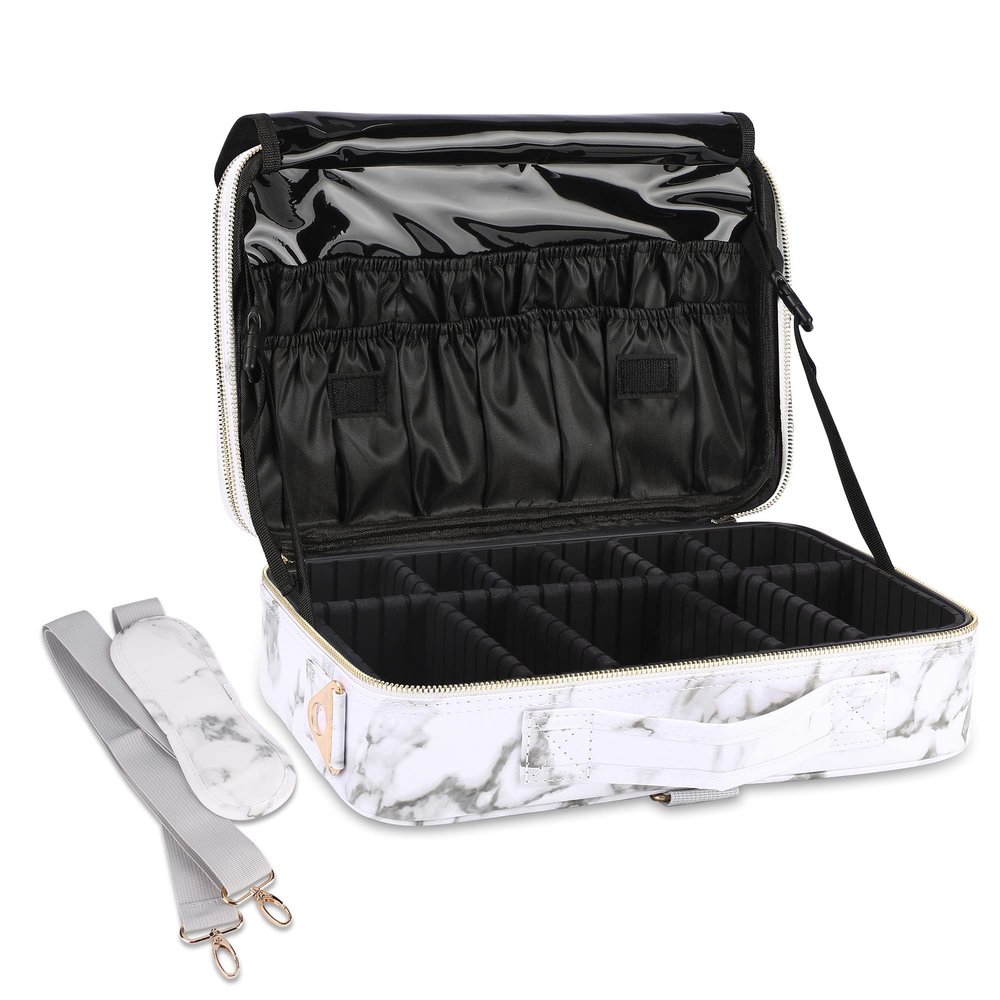 JOURMON Travel Makeup Train Case,Large Capacity Cosmetic Bags for Women,Portable Makeup Bag Organizer with Adjustable Dividers & Shoulder Strap(Marble White, Medium)