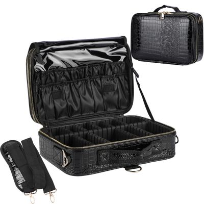 JOURMON Travel Makeup Train Case,Large Capacity Cosmetic Bags for Women,Portable Makeup Bag Organizer with Adjustable Dividers & Shoulder Strap (Crocodile Pattern Black,Medium)