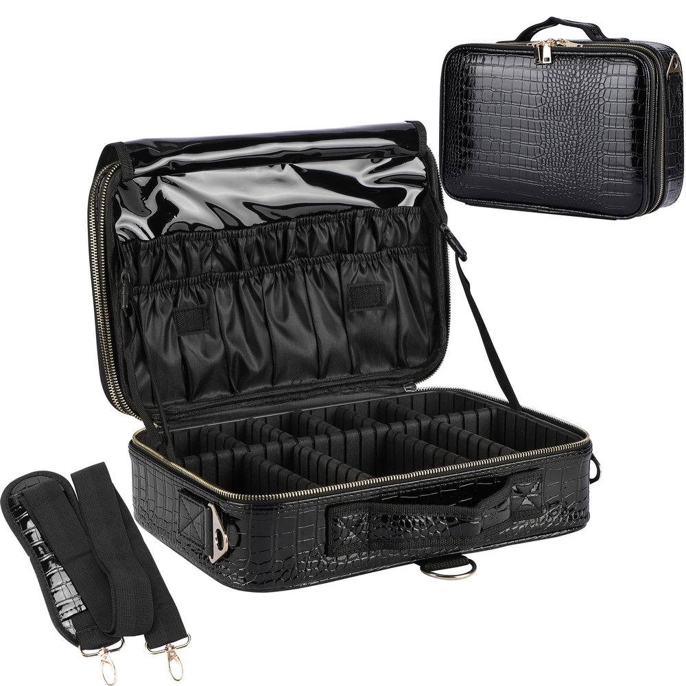 JOURMON Travel Makeup Train Case,Large Capacity Cosmetic Bags for Women,Portable Makeup Bag Organizer with Adjustable Dividers & Shoulder Strap (Crocodile Pattern Black,Medium)