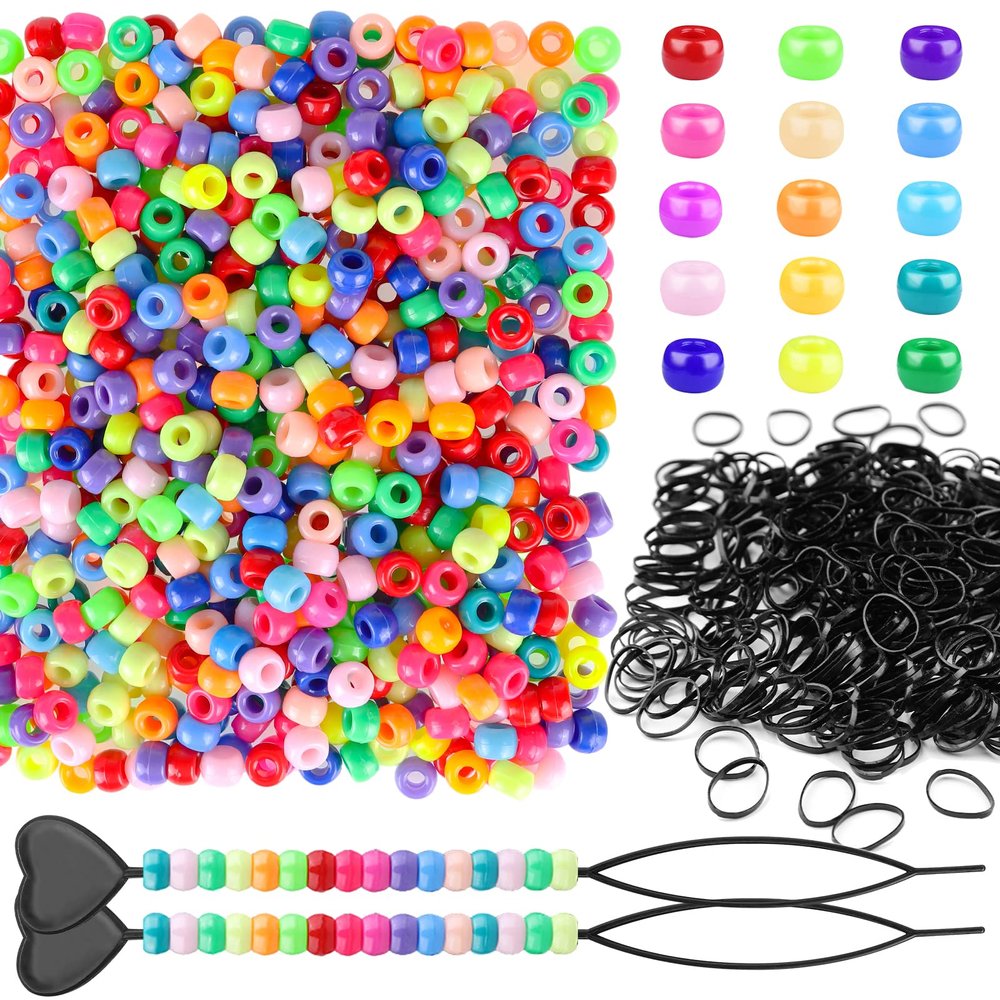 1605pcs Bead Kit for Kids' Hair Braiding: 600pcs Candy Pony Beads, 1000pcs Elastic Bands, and 2 Quick Beaders