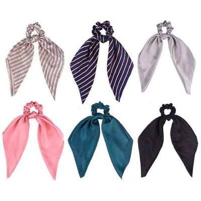 6 Pcs Bowknot Hair Scrunchies Scarf Hair Ties 2 in 1 Ponytail Holder Hair Ties Satin Chiffon Scrunchy Hair Bands with Bows Hair Scrunchy Ropes