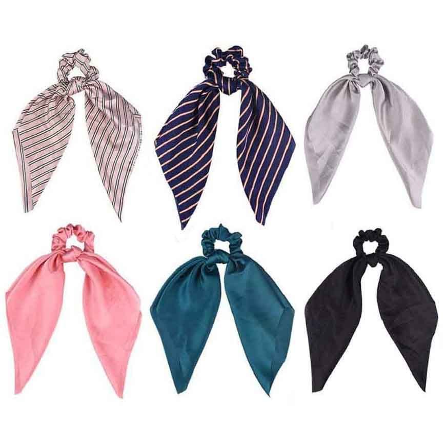 6 Pcs Bowknot Hair Scrunchies Scarf Hair Ties 2 in 1 Ponytail Holder Hair Ties Satin Chiffon Scrunchy Hair Bands with Bows Hair Scrunchy Ropes