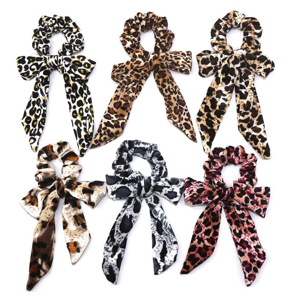 6 Pcs Velvet Bowknot Hair Scrunchies Scarf Hair Ties Leopard Print Scrunchy 2 in 1 Ponytail Holder Bows Hair Scrunchy Ropes