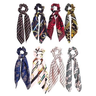 8 Pcs Bowknot Hair Scrunchies Hair Scrunchy RopesSatin Silk Scarf Hair Ties Leopard Print Bows Stripe Pattern Scrunchy Ponytail Holder