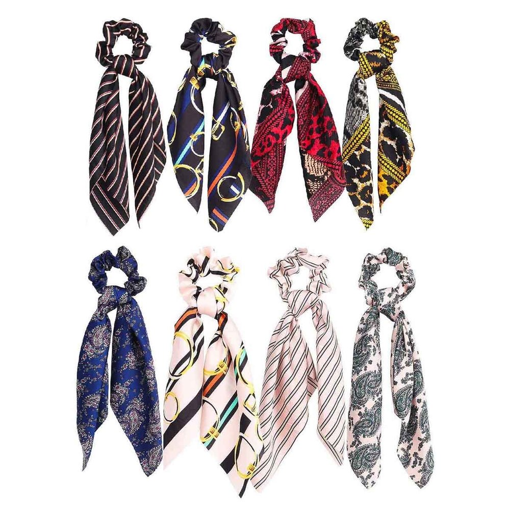 8 Pcs Bowknot Hair Scrunchies Hair Scrunchy RopesSatin Silk Scarf Hair Ties Leopard Print Bows Stripe Pattern Scrunchy Ponytail Holder