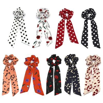 9 Pcs Bowknot Hair Scrunchies Satin Chiffon Scarf Hair Bows Polka Dot Pattern Ties Floral Scrunchy Ponytail Holder Hair Scrunchy Ropes
