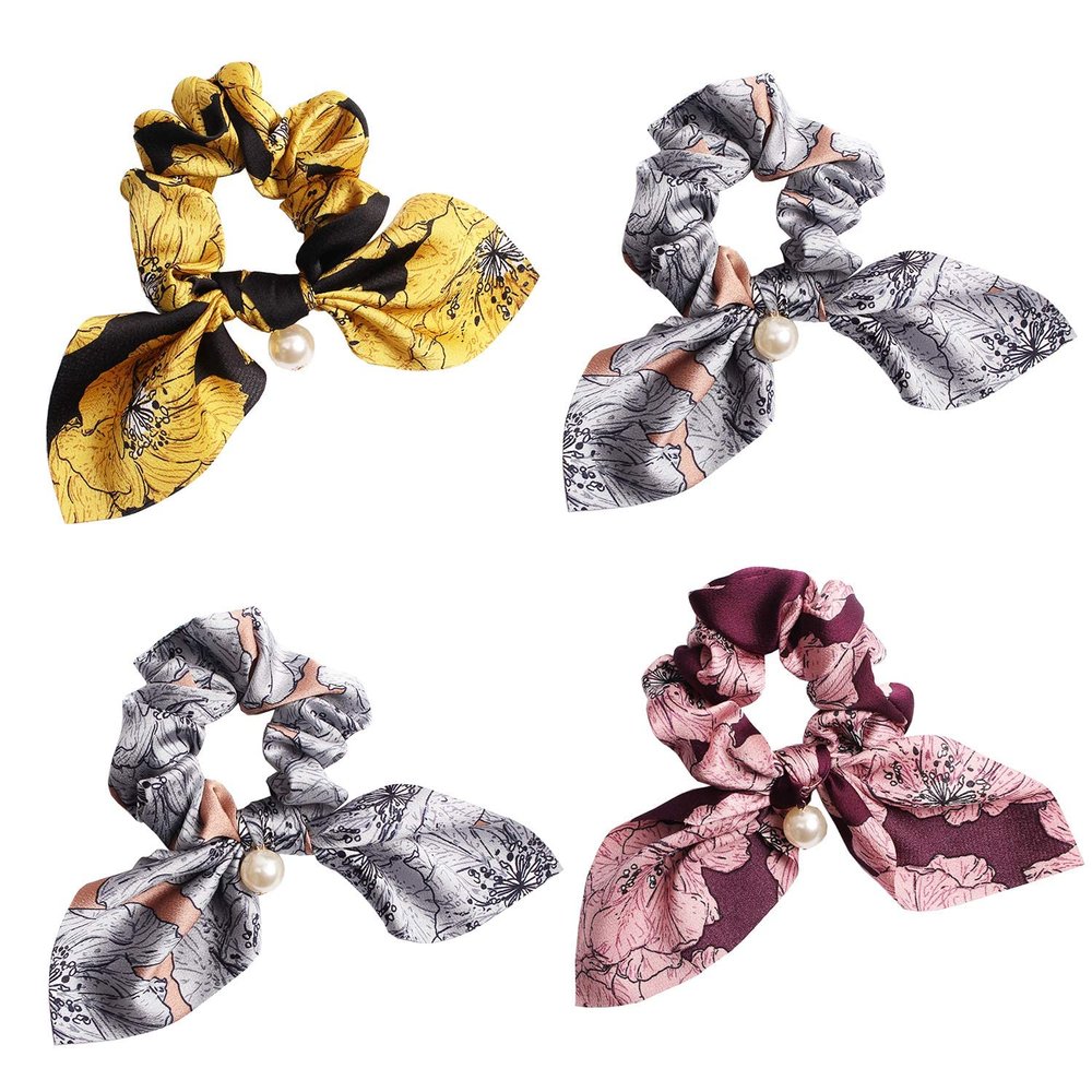 4 Pcs Bowknot Hair Scrunchies Chiffon Elastic Ponytail Holder Floral Hair Scrunchy Ropes Rabbit Bunny Ear Hair Bands Scarf Hair Ties