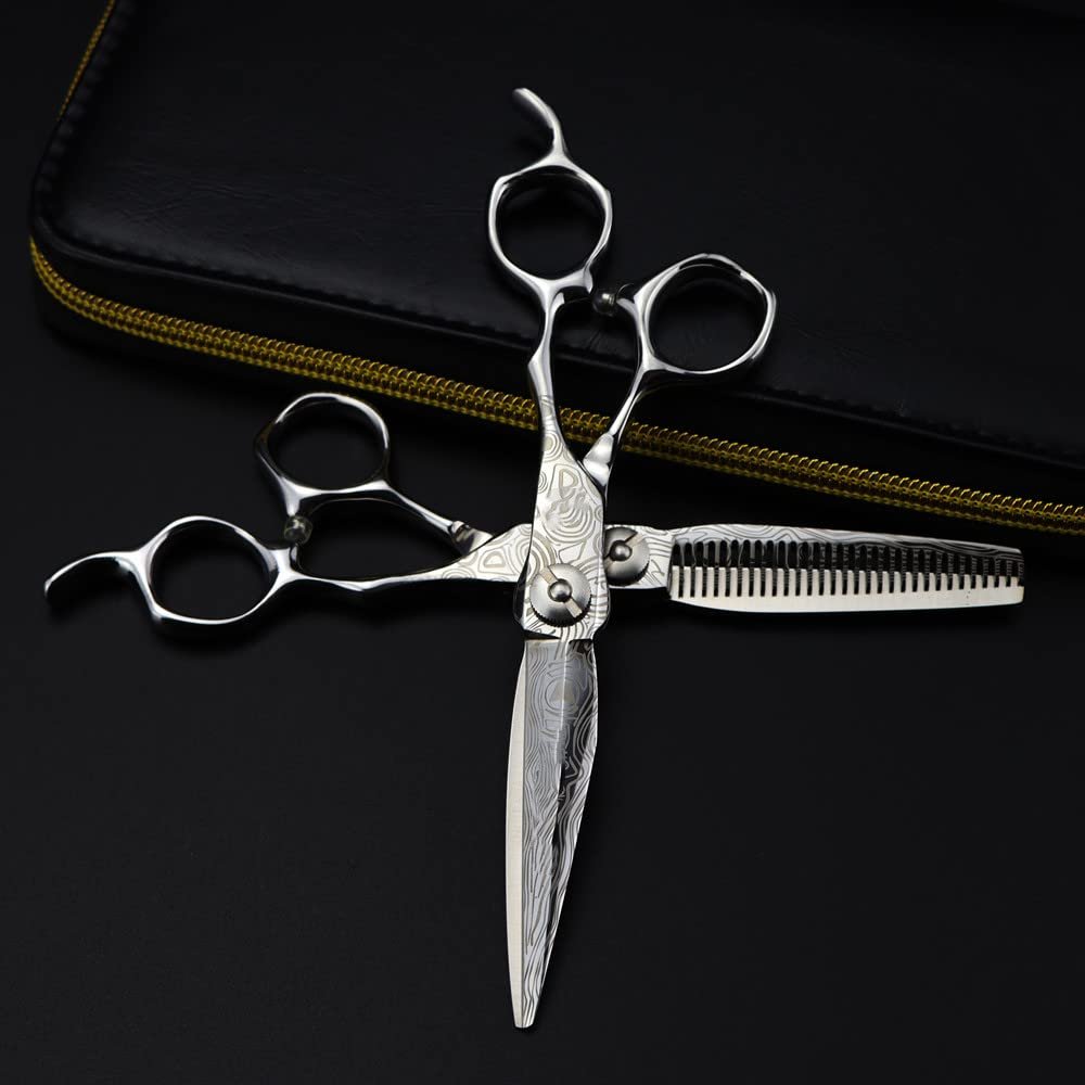 Professional Hair Cutting Shears, Professional 6inch Upscale scissor Damascus cut hair scissors cutting barber tools haircut thinning shears hairdresser scissors (Color : Set)