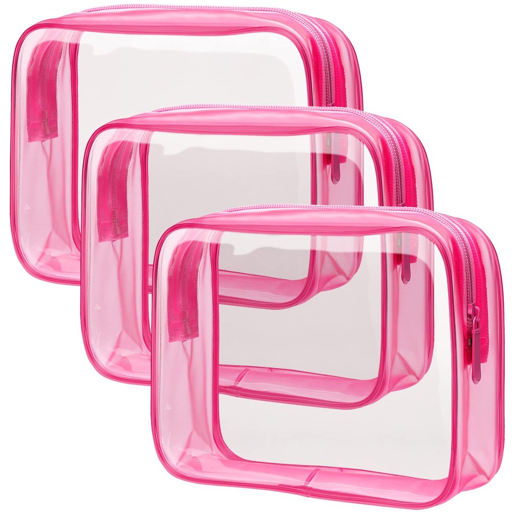PACKISM Clear Makeup Bags - 3 Pack TSA Approved Clear Travel Bags for Toiletries, Carry on Toiletry Bag TSA Approved Toiletry Bag, Matte Rose Red
