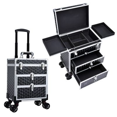 FRENESSA Professional Rolling Makeup Case Aluminum Trolley Train Case with 360 Swivel Wheels for Makuep Artist Travel Cosmetic Organizer with Sliding Drawers for Nail Tech Hairstylist Barber, Black