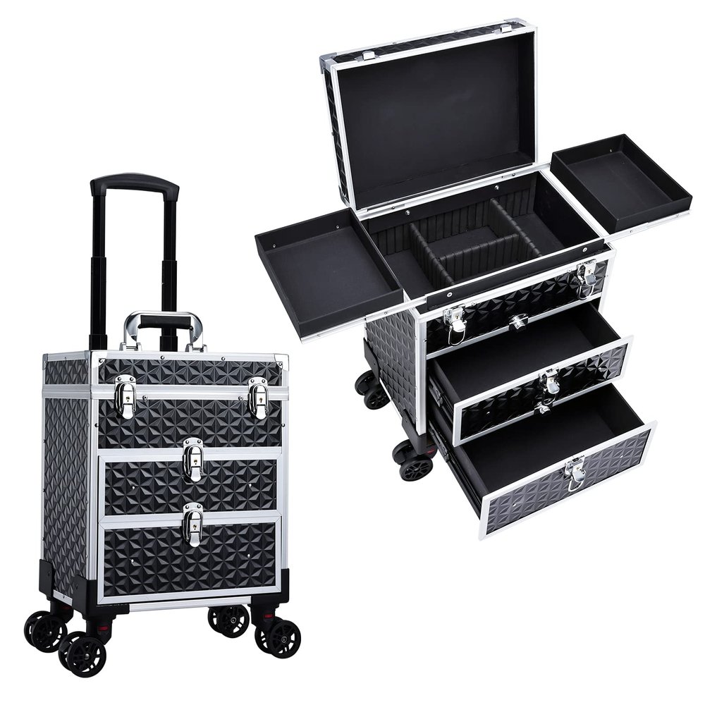 FRENESSA Professional Rolling Makeup Case Aluminum Trolley Train Case with 360 Swivel Wheels for Makuep Artist Travel Cosmetic Organizer with Sliding Drawers for Nail Tech Hairstylist Barber, Black